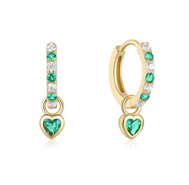925 Sterling Silver Emerald Hoop Dangle Heart Earrings
